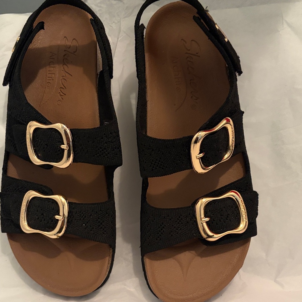 Skechers Black Sandals with Gold Buckles